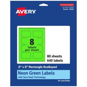 imageAvery Printable Rectangle Scalloped Labels Sure Feed Technology 2quot x 3quot Neon Green Labels PrinttoTheEdge LaserInkjet Printable 80 Total Great for Mailing and Candles640 labels