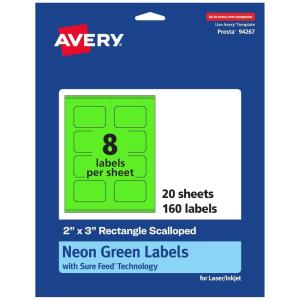 imageAvery Printable Rectangle Scalloped Labels Sure Feed Technology 2quot x 3quot Neon Green Labels PrinttoTheEdge LaserInkjet Printable 80 Total Great for Mailing and Candles160 labels