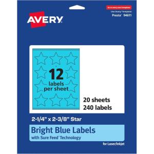 imageAvery Printable Star Labels Sure Feed Technology 214quot x 238quot Bright Blue Labels PrinttoTheEdge LaserInkjet 120 Total Great for Reward Stickers and Mailing Seals240 labels