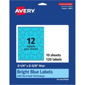 imageAvery Printable Star Labels Sure Feed Technology 214quot x 238quot Bright Blue Labels PrinttoTheEdge LaserInkjet 120 Total Great for Reward Stickers and Mailing Seals120 labels