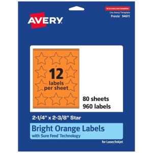 imageAvery Printable Star Labels Sure Feed Technology 214quot x 238quot Bright Orange Labels PrinttoTheEdge LaserInkjet 120 Total Great for Reward Stickers and Mailing Seals960 labels