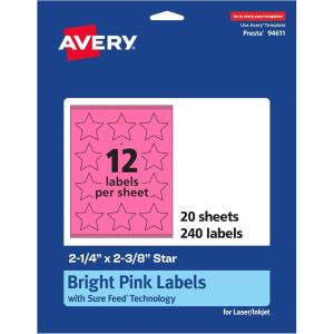 imageAvery Printable Star Labels Sure Feed Technology 214quot x 238quot Bright Pink Labels PrinttoTheEdge LaserInkjet 240 Total Great for Reward Stickers and Mailing Seals240 labels