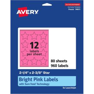 imageAvery Printable Star Labels Sure Feed Technology 214quot x 238quot Bright Pink Labels PrinttoTheEdge LaserInkjet 240 Total Great for Reward Stickers and Mailing Seals960 labels