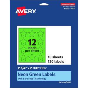 imageAvery Printable Star Labels Sure Feed Technology 214quot x 238quot Neon Green Labels PrinttoTheEdge LaserInkjet 120 Total Great for Reward Stickers and Mailing Seals120 labels