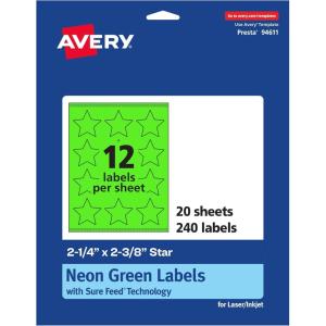 imageAvery Printable Star Labels Sure Feed Technology 214quot x 238quot Neon Green Labels PrinttoTheEdge LaserInkjet 120 Total Great for Reward Stickers and Mailing Seals240 labels