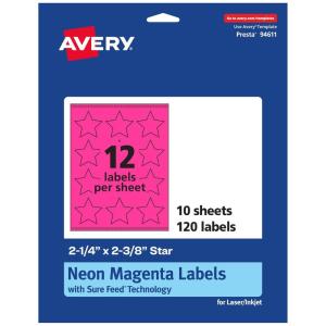 imageAvery Printable Star Labels Sure Feed Technology 214quot x 238quot Neon Magenta Labels PrinttoTheEdge LaserInkjet 120 Total Great for Reward Stickers and Mailing Seals120 labels