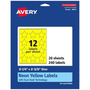 imageAvery Printable Star Labels Sure Feed Technology 214quot x 238quot Neon Yellow Labels PrinttoTheEdge LaserInkjet 120 Total Great for Reward Stickers and Mailing Seals240 labels