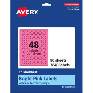 imageAvery Printable Starburst Labels Sure Feed Technology 1quot Bright Pink Labels PrinttoTheEdge LaserInkjet 480 Total Great for Mailing Seals and Planner Stickers3 840 labels