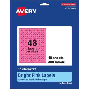 imageAvery Printable Starburst Labels Sure Feed Technology 1quot Bright Pink Labels PrinttoTheEdge LaserInkjet 480 Total Great for Mailing Seals and Planner Stickers480 labels