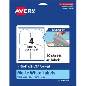imageAvery TrueBlock Matte White Arched Labels Sure Feed Technology 475quot x 35quot 200 Matte White Labels PrinttoTheEdge LaserInkjet Printable Great for Packaging and Product Merchandising40 labels