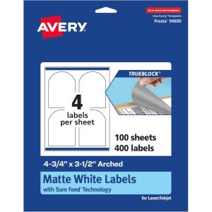 imageAvery TrueBlock Matte White Arched Labels Sure Feed Technology 475quot x 35quot 200 Matte White Labels PrinttoTheEdge LaserInkjet Printable Great for Packaging and Product Merchandising400 labels