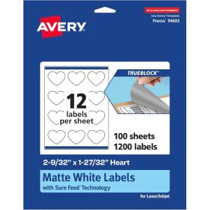 imageAvery TrueBlock Matte White Heart Labels Sure Feed Technology 2932quot x 12732quot 120 Matte White Labels PrinttoTheEdge LaserInkjet Printable Great for Packaging and Product Merchandising1 200 labels
