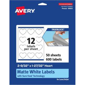 imageAvery TrueBlock Matte White Heart Labels Sure Feed Technology 2932quot x 12732quot 120 Matte White Labels PrinttoTheEdge LaserInkjet Printable Great for Packaging and Product Merchandising600 labels