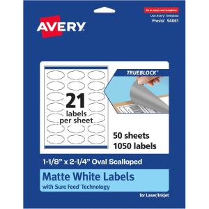 imageAvery TrueBlock Matte White Oval Scalloped Labels with Sure Feed 118quot x 214quot 210 Matte White Labels PrinttoTheEdge LaserInkjet Printable Labels Great for Packaging and Product Labels1 050 labels