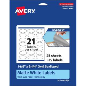 imageAvery TrueBlock Matte White Oval Scalloped Labels with Sure Feed 118quot x 214quot 210 Matte White Labels PrinttoTheEdge LaserInkjet Printable Labels Great for Packaging and Product Labels525 labels