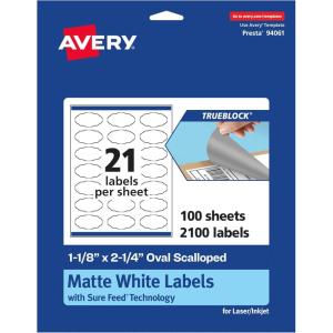 imageAvery TrueBlock Matte White Oval Scalloped Labels with Sure Feed 118quot x 214quot 210 Matte White Labels PrinttoTheEdge LaserInkjet Printable Labels Great for Packaging and Product Labels2 100 labels