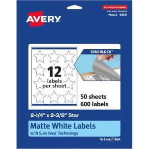 imageAvery TrueBlock Matte White Star Labels Sure Feed Technology 214quot x 238quot 120 Matte White Labels PrinttoTheEdge LaserInkjet Printable Great for Making Stickers or Product Merchandising600 labels