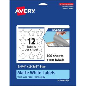 imageAvery TrueBlock Matte White Star Labels Sure Feed Technology 214quot x 238quot 120 Matte White Labels PrinttoTheEdge LaserInkjet Printable Great for Making Stickers or Product Merchandising1 200 labels