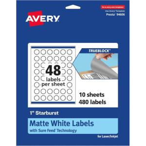 imageAvery TrueBlock Matte White Starburst Labels Sure Feed Technology 1quot 2400 Matte White Labels PrinttoTheEdge LaserInkjet Printable Great for Packaging and Product Merchandising480 labels