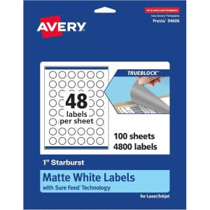 imageAvery TrueBlock Matte White Starburst Labels Sure Feed Technology 1quot 2400 Matte White Labels PrinttoTheEdge LaserInkjet Printable Great for Packaging and Product Merchandising4 800 labels