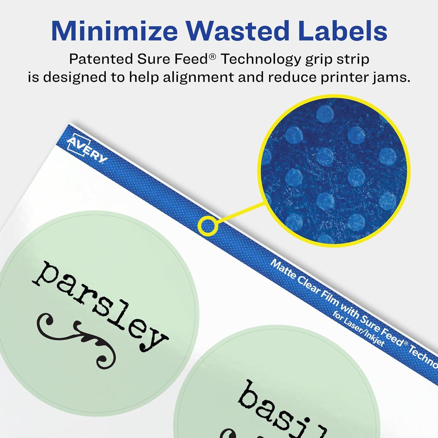 imageAvery Matte Clear Round Labels Sure Feed Technology 25quot Diameter 90 Matte Clear Labels PrinttoTheEdge LaserInkjet Printable900 labels