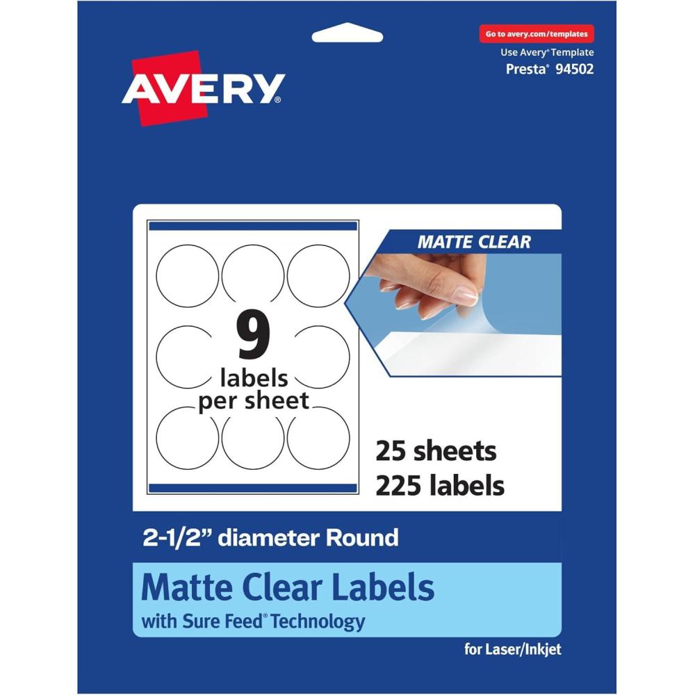 imageAvery Matte Clear Round Labels Sure Feed Technology 25quot Diameter 90 Matte Clear Labels PrinttoTheEdge LaserInkjet Printable225 labels