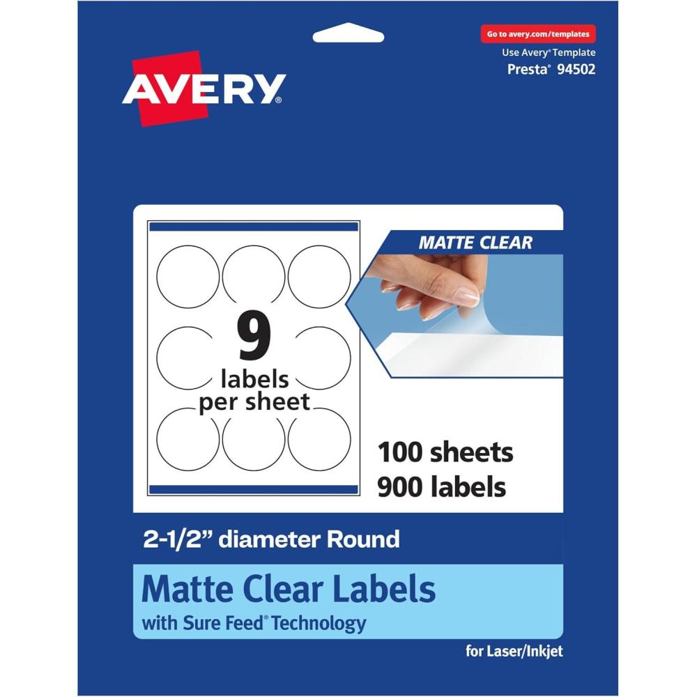 imageAvery Matte Clear Round Labels Sure Feed Technology 25quot Diameter 90 Matte Clear Labels PrinttoTheEdge LaserInkjet Printable900 labels