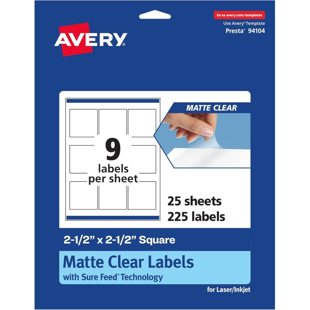 imageAvery Matte Clear Square Labels Sure Feed Technology 25quot x 25quot 90 Matte Clear Labels LaserInkjet Printable225 labels