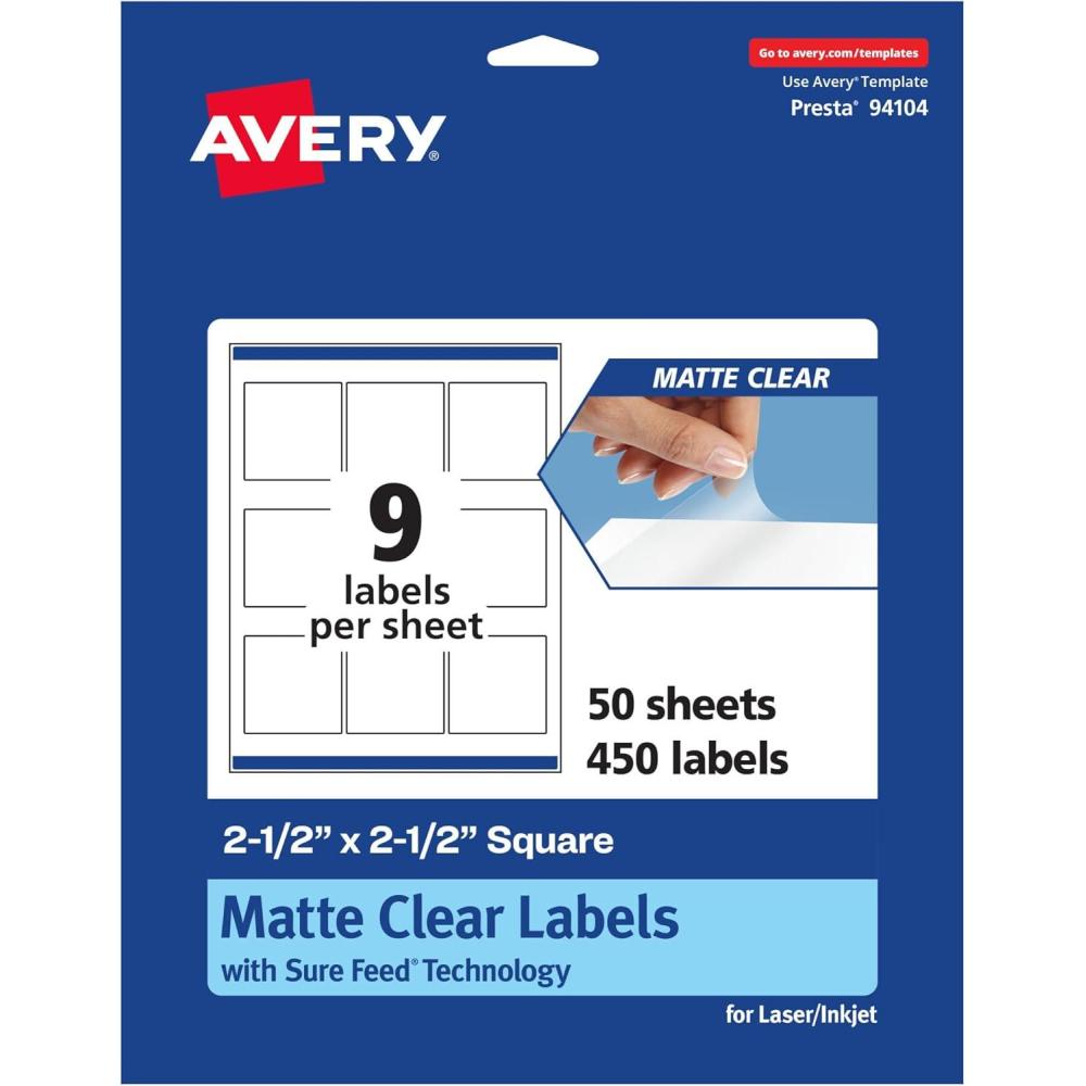 imageAvery Matte Clear Square Labels Sure Feed Technology 25quot x 25quot 90 Matte Clear Labels LaserInkjet Printable450 labels