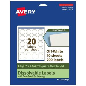 imageAvery Dissolvable Square Scalloped Labels Sure Feed Technology 158quot x 158quot Matte White PrinttoTheEdge LaserInkjet Printable 100 Labels Total200 labels