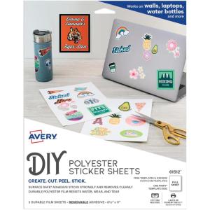 imageAvery Durable DIY Polyester Sticker Paper 85quot x 11quot Removable Surface Safe Adhesive WaterResistant with Laser or PigmentInkjet Printers 3 FullSize Label Sheets 6151285 x 11 inch