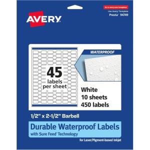 imageAvery Durable Waterproof Barbell Labels Sure Feed Technology 05quot x 25quot 450 Total Oil and TearResistant Waterproof Labels LaserPigmentBased Inkjet Printable450 labels