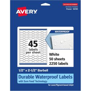 imageAvery Durable Waterproof Barbell Labels Sure Feed Technology 05quot x 25quot 450 Total Oil and TearResistant Waterproof Labels LaserPigmentBased Inkjet Printable2 250 labels
