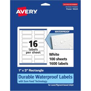 imageAvery Durable Waterproof Rectangle Labels Sure Feed Technology 1quot x 3quot 160 Total Oil and TearResistant Waterproof Labels PrinttoTheEdge LaserPigmentBased Inkjet Printable1 600 labels