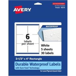 imageAvery Durable Waterproof Rectangle Labels Sure Feed Technology 313quot x 4quot 60 Total Oil and TearResistant Waterproof LaserPigmentBased Inkjet Printable30 labels