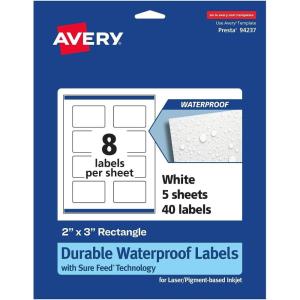 imageAvery Durable Waterproof Rectangle Labels Sure Feed Technology PrinttoTheEdge 2quot x 3quot 80 Total Oil and TearResistant Waterproof LaserPigmentBased Inkjet Printable40 labels