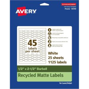 imageAvery EcoFriendly Matte White Recycled Barbell Labels 05quot x 25quot Matte White Labels Permanent Adhesive LaserInkjet Printable 450 Total5 X 25