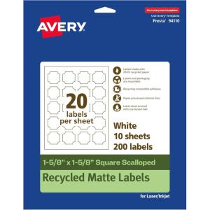 imageAvery EcoFriendly Matte White Recycled Square Scalloped Labels 158quot x 158quot PrinttoTheEdge Matte White Labels Permanent Adhesive LaserInkjet Printable 200 Total200 labels