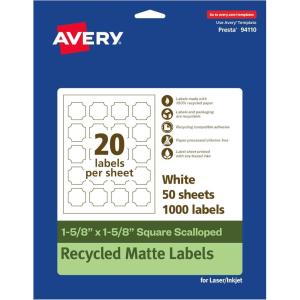 imageAvery EcoFriendly Matte White Recycled Square Scalloped Labels 158quot x 158quot PrinttoTheEdge Matte White Labels Permanent Adhesive LaserInkjet Printable 200 Total1 000 labels