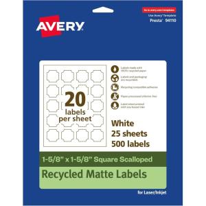 imageAvery EcoFriendly Matte White Recycled Square Scalloped Labels 158quot x 158quot PrinttoTheEdge Matte White Labels Permanent Adhesive LaserInkjet Printable 200 Total500 labels