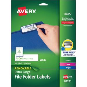 imageAvery Extra Large File Folder Labels Removable Adhesive Matte White 1516quot x 3716quot 450 Labels 8425One Size