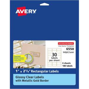 imageAvery Glossy Clear Labels Metallic Gold Borders 1quot x 258quot Rectangle Labels 180 Total LaserInkjet Printable 6550Glossy Clear Gold Borders