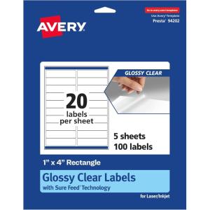 imageAvery Glossy Clear Rectangle Labels Sure Feed Technology 1quot x 4quot 200 Glossy Clear Labels LaserInkjet Printable100 labels