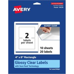 imageAvery Glossy Clear Rectangle Labels Sure Feed Technology 4quot x 6quot 20 Glossy Clear Labels PrinttoTheEdge LaserInkjet Printable20 labels