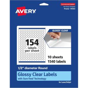imageAvery Glossy Clear Round Labels Sure Feed Technology 05quot Diameter 1540 Glossy Clear Labels PrinttoTheEdge LaserInkjet Printable1 540 labels