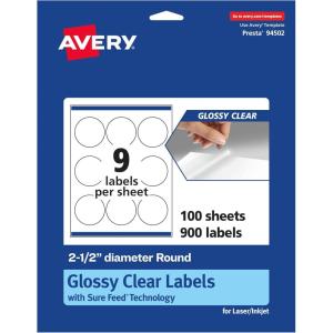 imageAvery Glossy Clear Round Labels Sure Feed Technology 25quot Diameter 90 Glossy Clear Labels PrinttoTheEdge LaserInkjet Printable900 labels