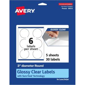 imageAvery Glossy Clear Round Labels with Sure Feed 3quot Diameter 60 Glossy Clear Labels PrinttoTheEdge LaserInkjet Printable30 labels