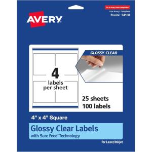 imageAvery Glossy Clear Square Labels Sure Feed Technology 4quot x 4quot 100 Glossy Clear Labels LaserInkjet Printable100 labels