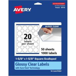imageAvery Glossy Clear Square Scalloped Labels Sure Feed Technology 158quot x 158quot 200 Glossy Clear Labels PrinttoTheEdge LaserInkjet Printable1 000 labels
