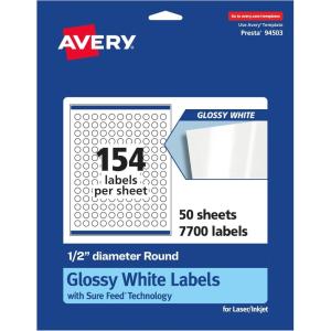 imageAvery Glossy White Round Labels Sure Feed Technology 12quot Diameter 1540 Glossy White Labels PrinttoTheEdge Permanent Adhesive LaserInkjet Printable7 700 labels